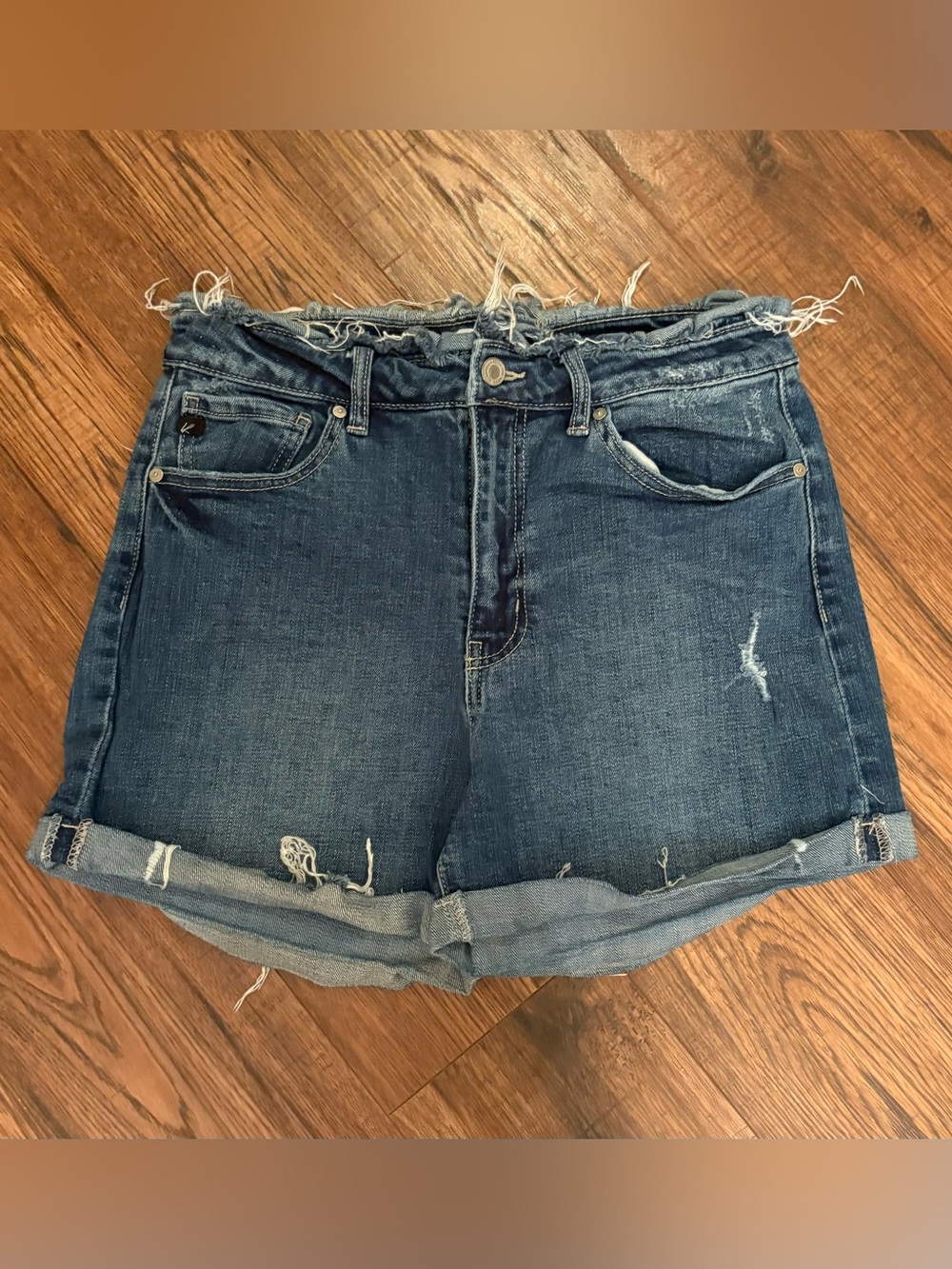 KanCan Dark Blue Distressed Rolled-Hem Denim Shorts